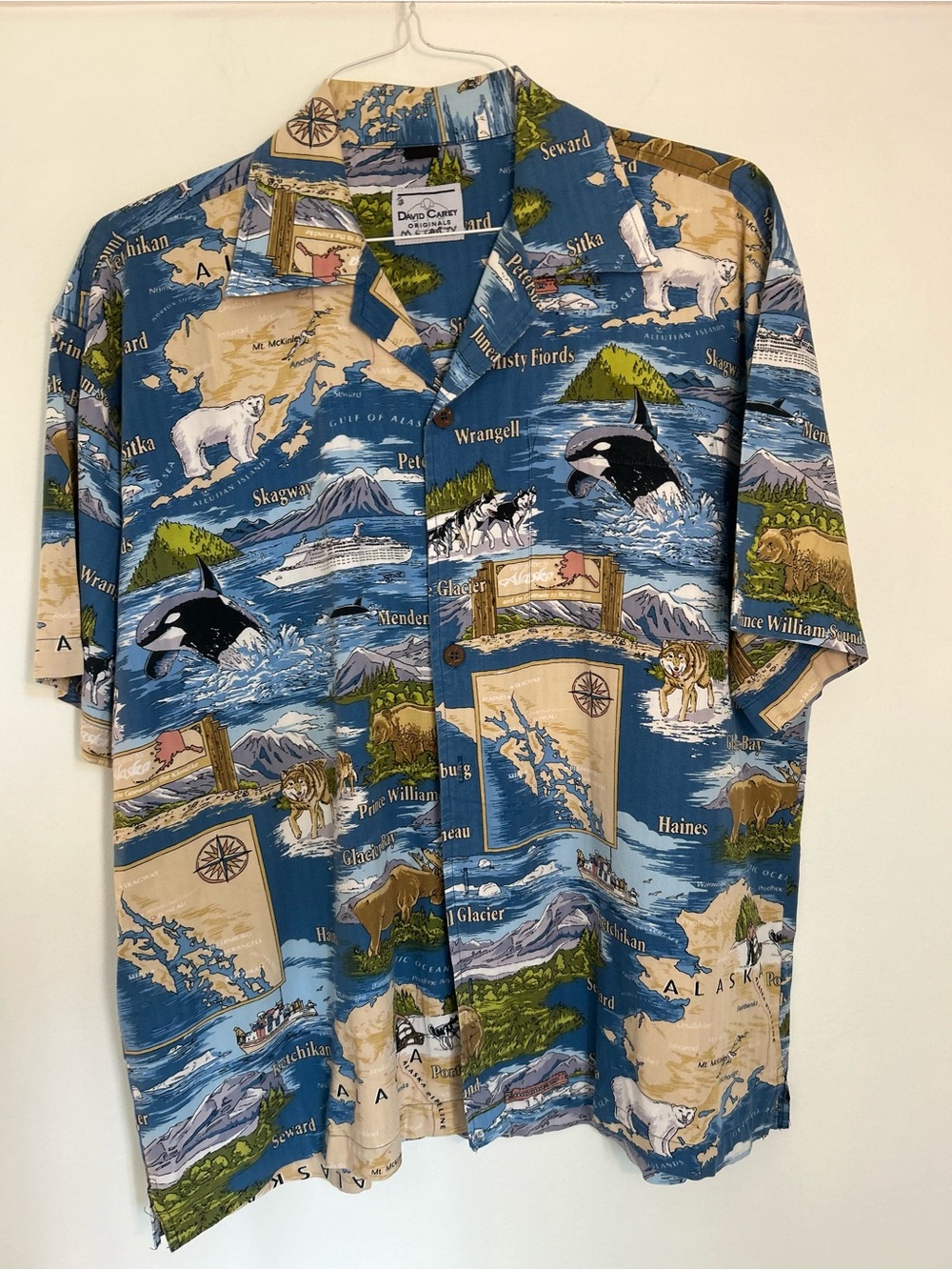 David Carey Originals Alaska Camp Shirt Map and Wildlife Scenes Size Large